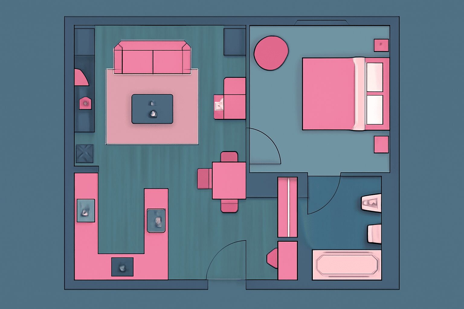 Cozy open-concept apartment design with modular furniture, muted blues, pinks, and teal accents, highlighted by a pink sofa