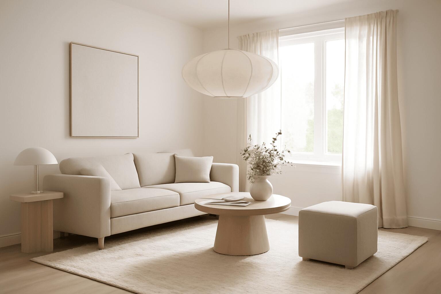 Modern minimalist design featuring beige sofa, neutral rug, sculptural coffee table, and pendant light