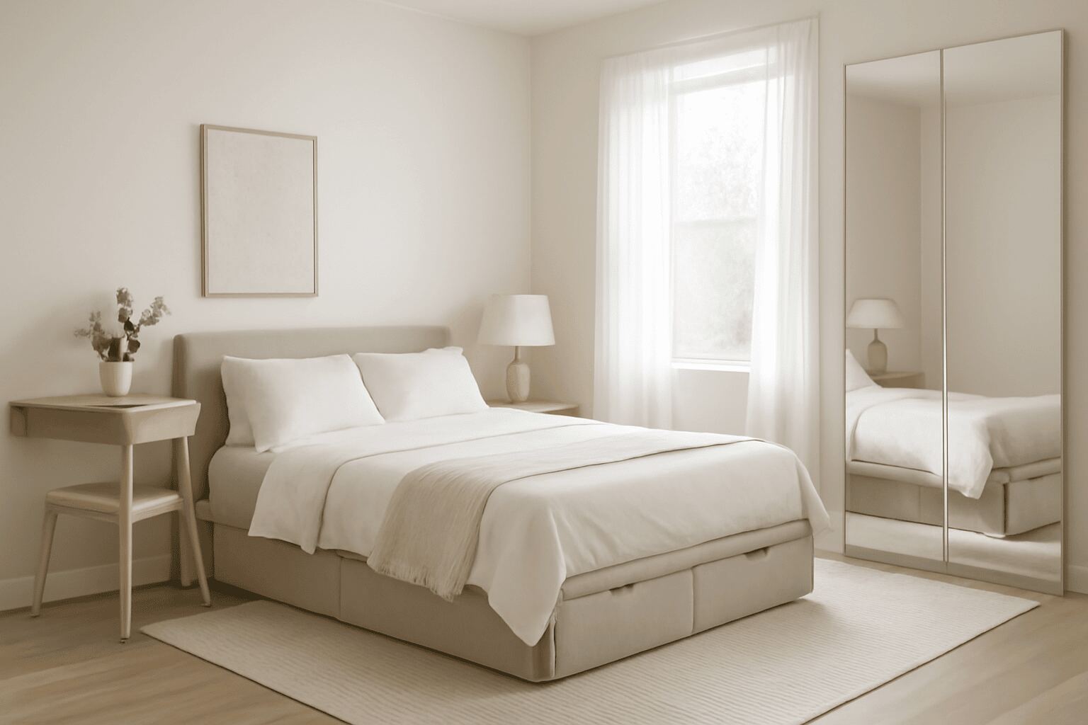 Modern minimalist bedroom design with neutral tones, storage bed, and large mirror
