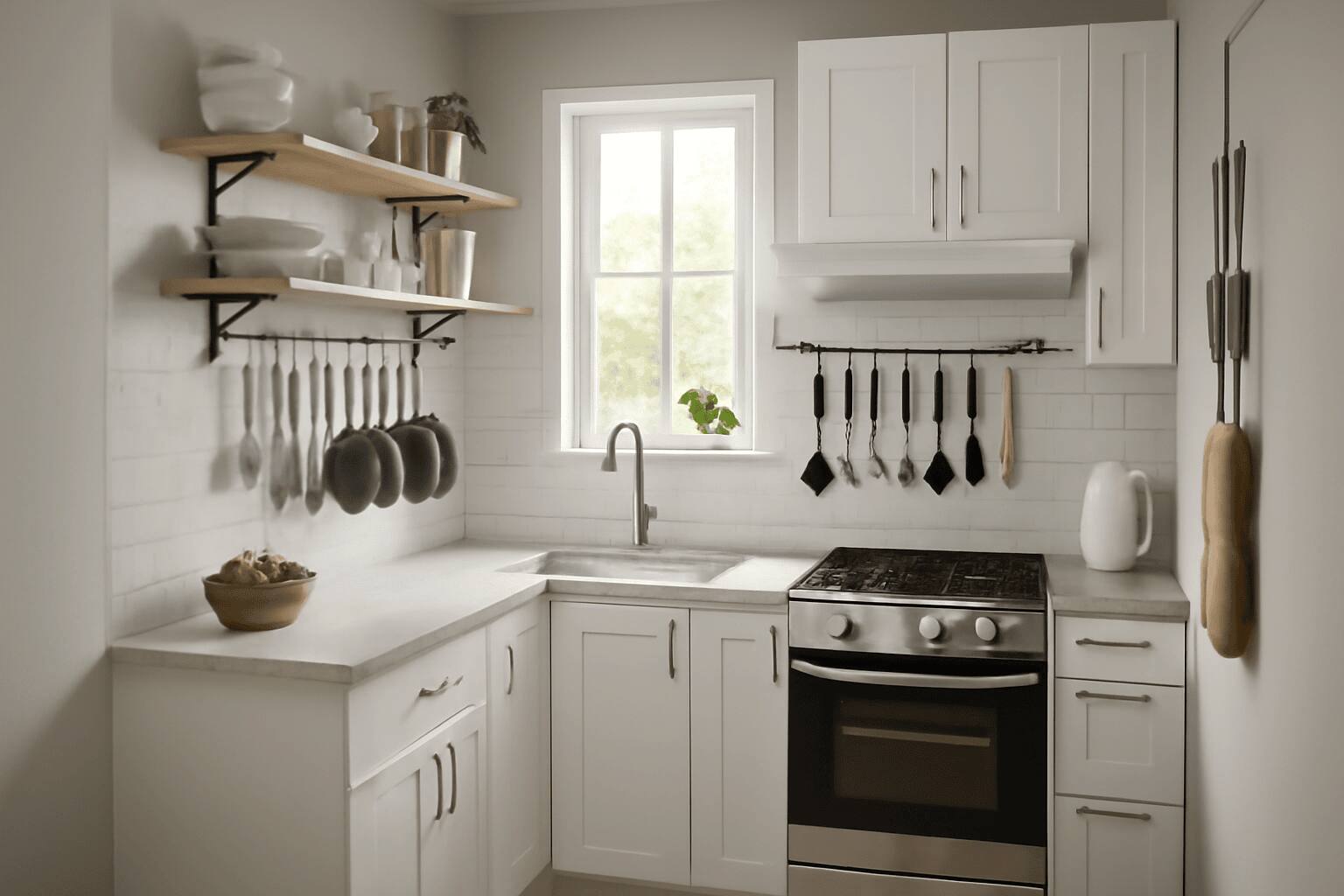 Modern kitchen design with white cabinetry, light gray counters, stainless steel appliances, and wooden shelves