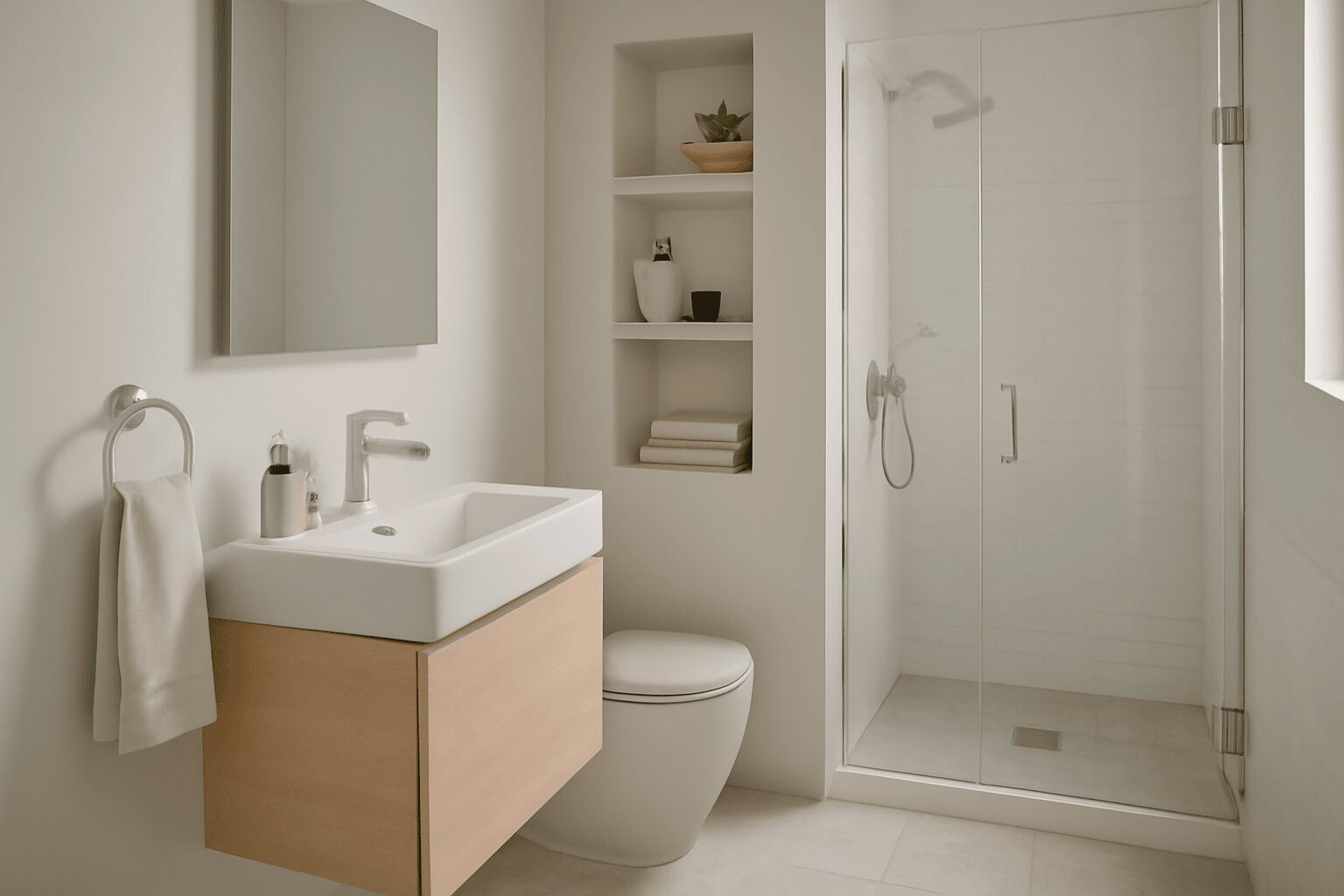 Modern bathroom design with light wood floating vanity, glass shower, recessed shelves, and neutral tones