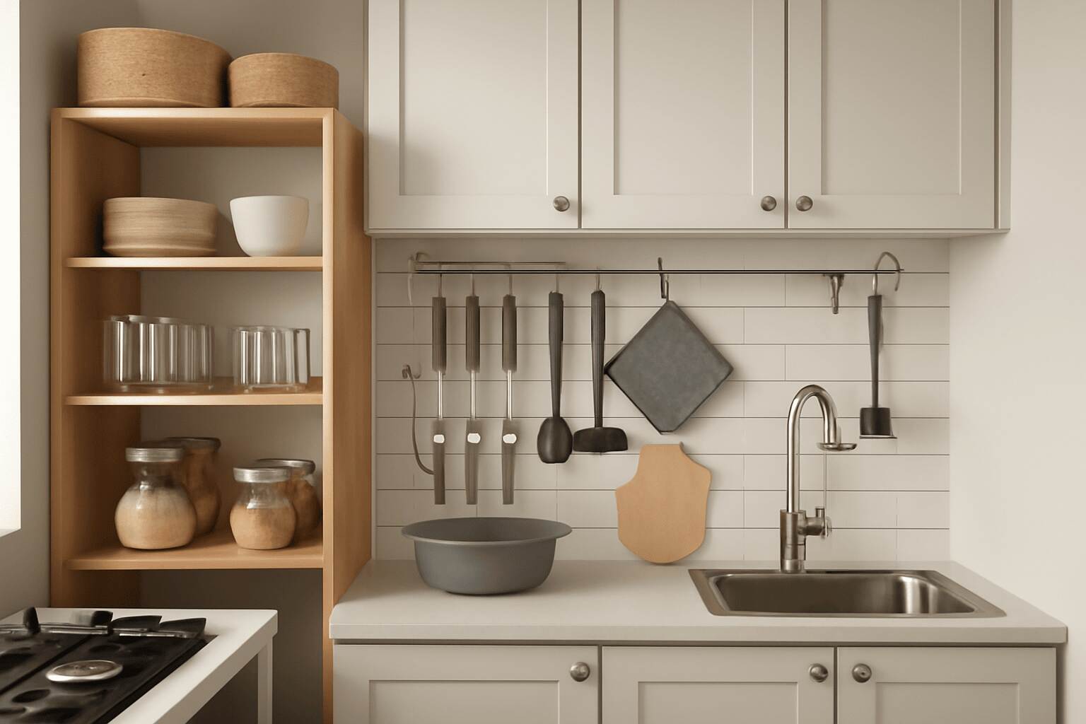 A minimalist kitchen design with open shelving, soft beige walls, gray accents, and highlighted stainless steel accessories