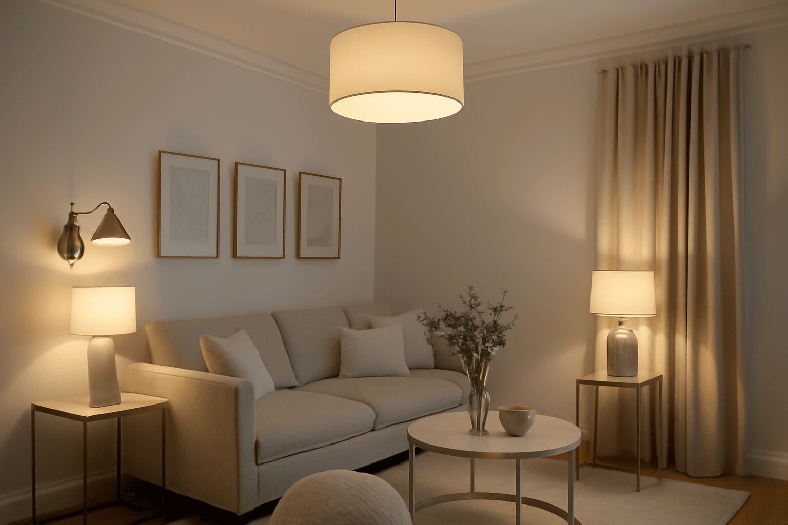 A cozy living room with soft beige and off-white tones, featuring layered lighting, brass accents, and plush textures