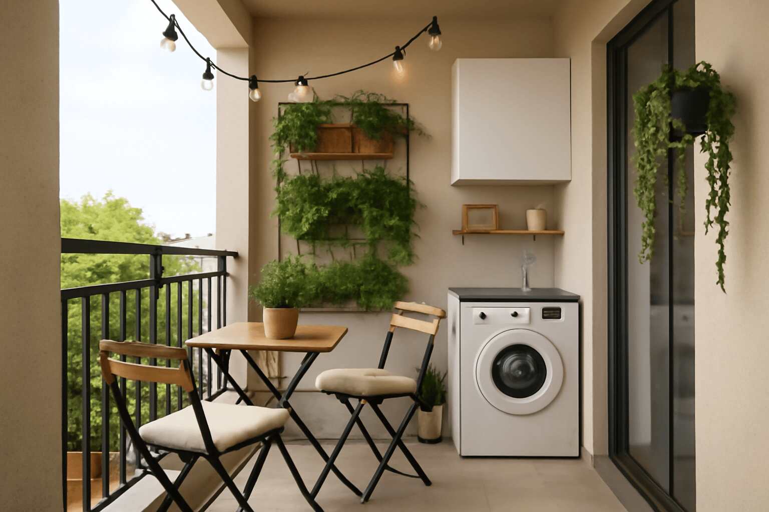 A modern balcony design with foldable furniture, vertical garden, white washing machine, and string lights
