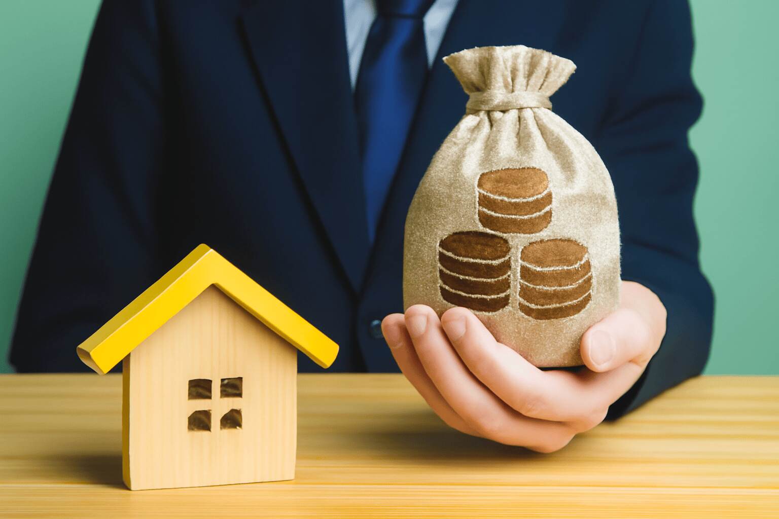 Modern budget-friendly design with yellow house model, burlap sack, navy suit, green background