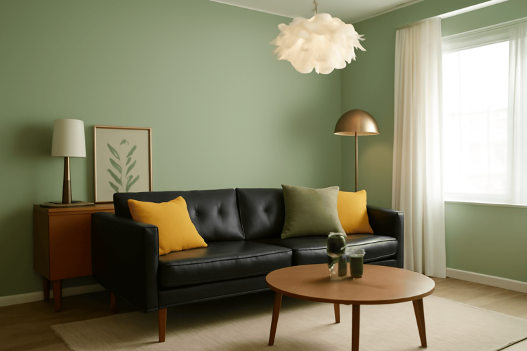 Mid-century modern living room with sage green walls, black leather couch, yellow pillows