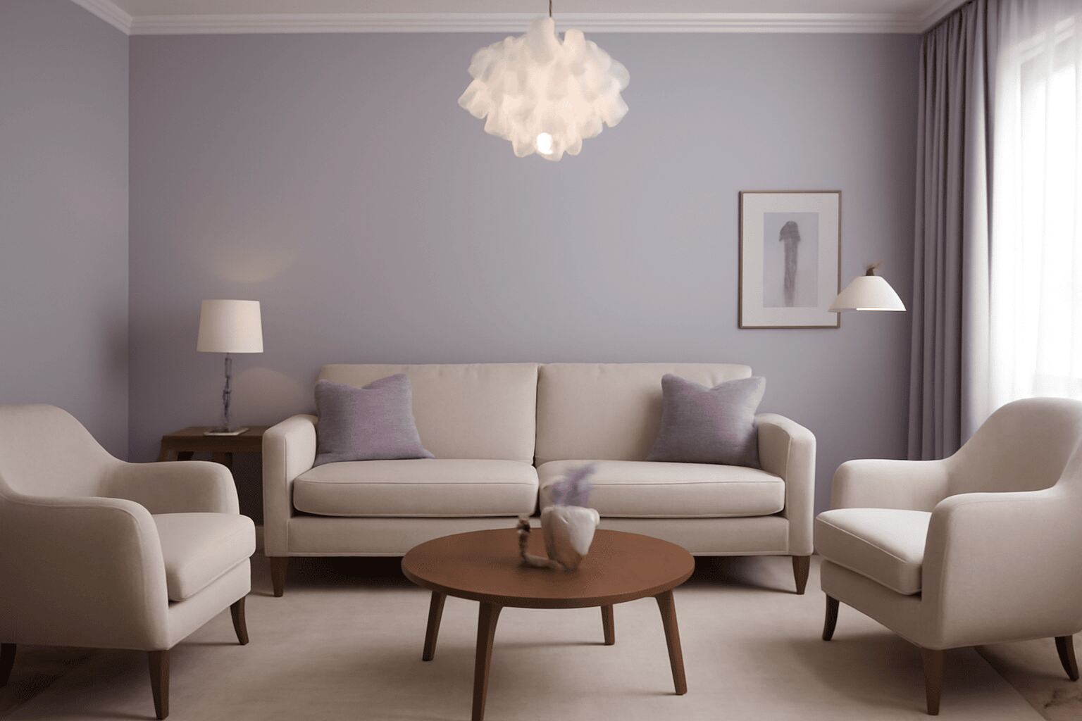 Modern living room with lavender grey walls, neutral sofa, and elegant lighting