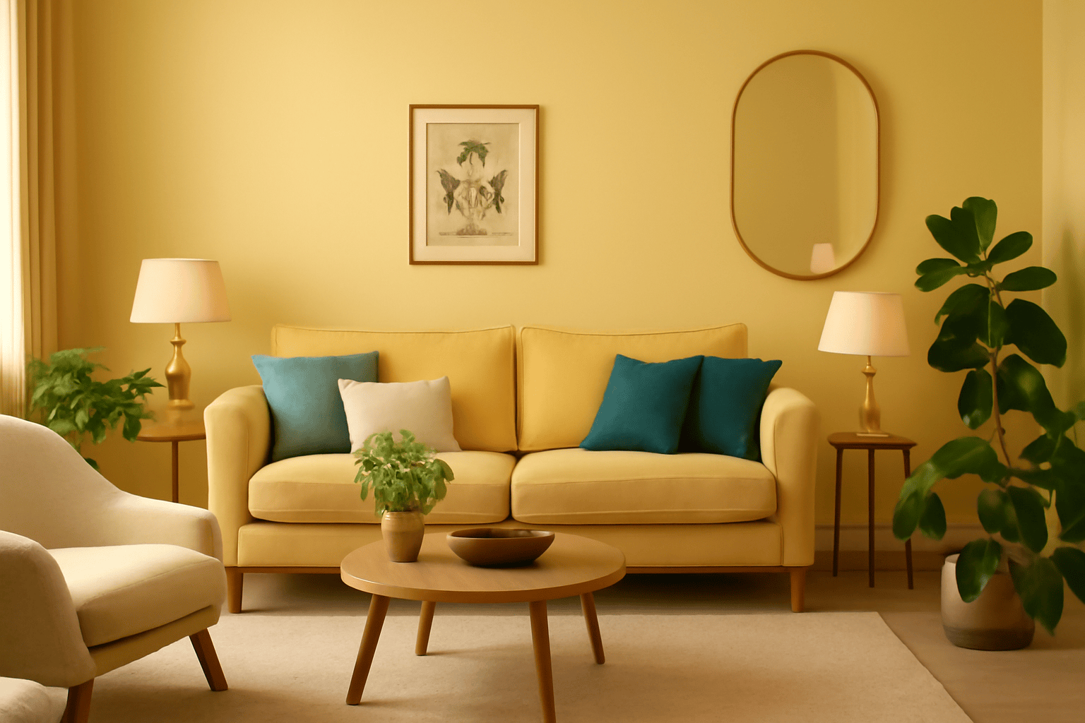 A cozy, modern living room with butter yellow walls, teal cushions, and brass lamps