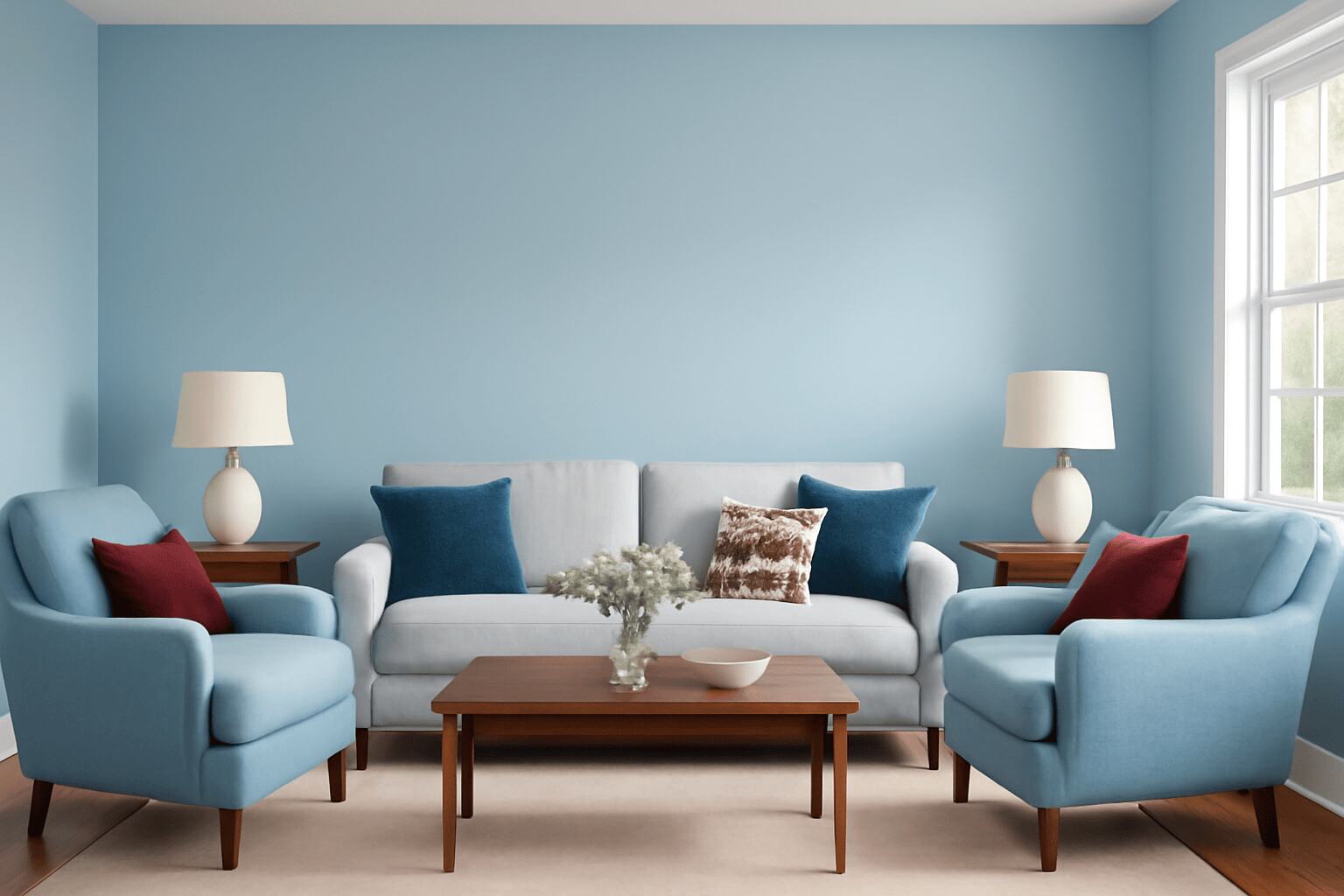 A serene soft blue living room with light blue armchairs, beige sofa, warm wood accents, and pops of red pillows