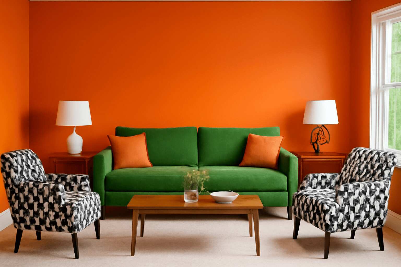 A vibrant tangerine living room with a green sofa, patterned chairs, and wooden accents