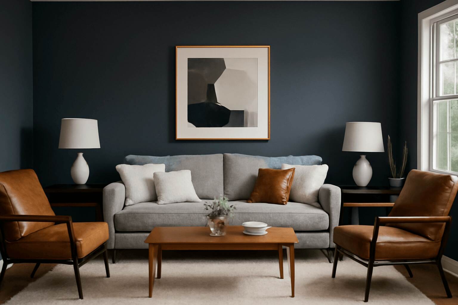 A moody grey living room with dark walls, neutral sofa, leather chairs, and abstract artwork