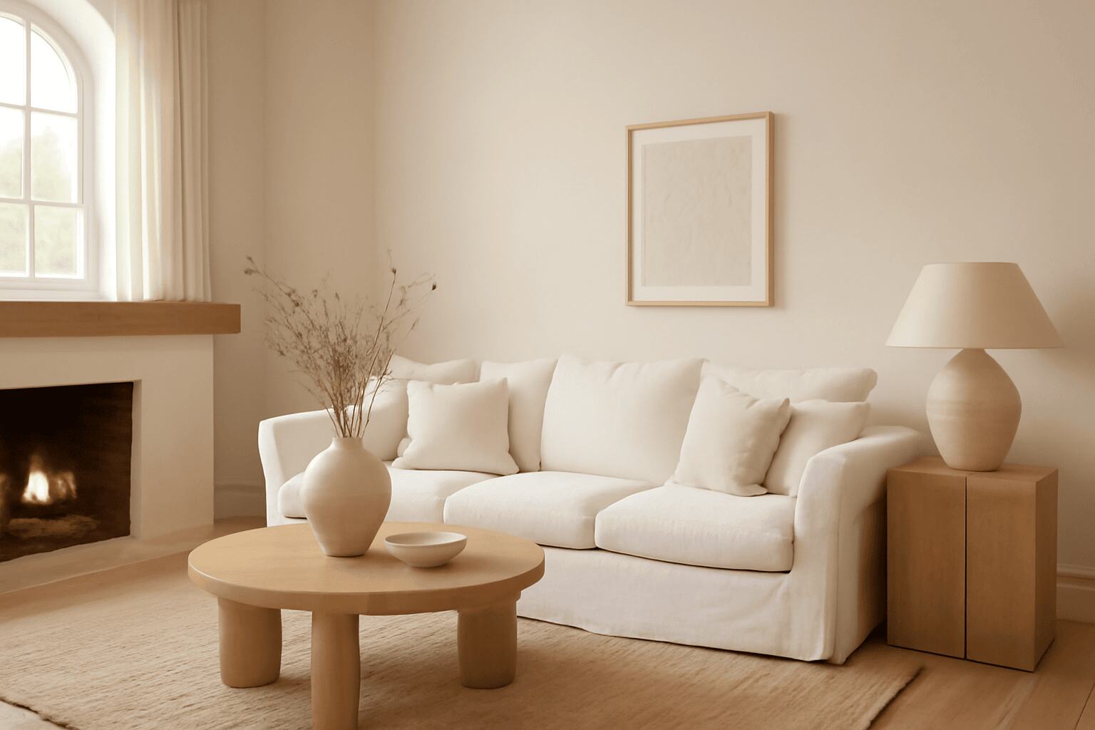 Warm white design, minimalist, living room, soft neutrals, wooden accents, plush sofa, fireplace