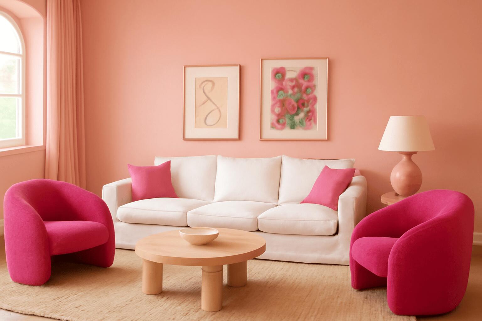 Peachy pink design, playful elegance, living room, peach walls, white sofa, vibrant armchairs