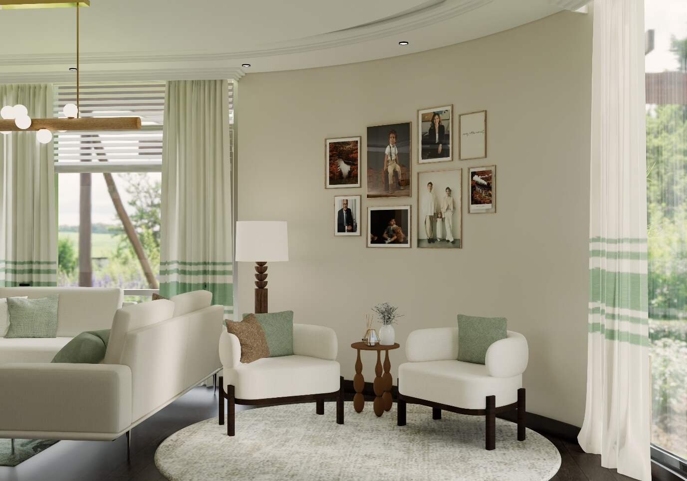 his modern living room features light-coloured furniture, green accents, and a gallery wall.