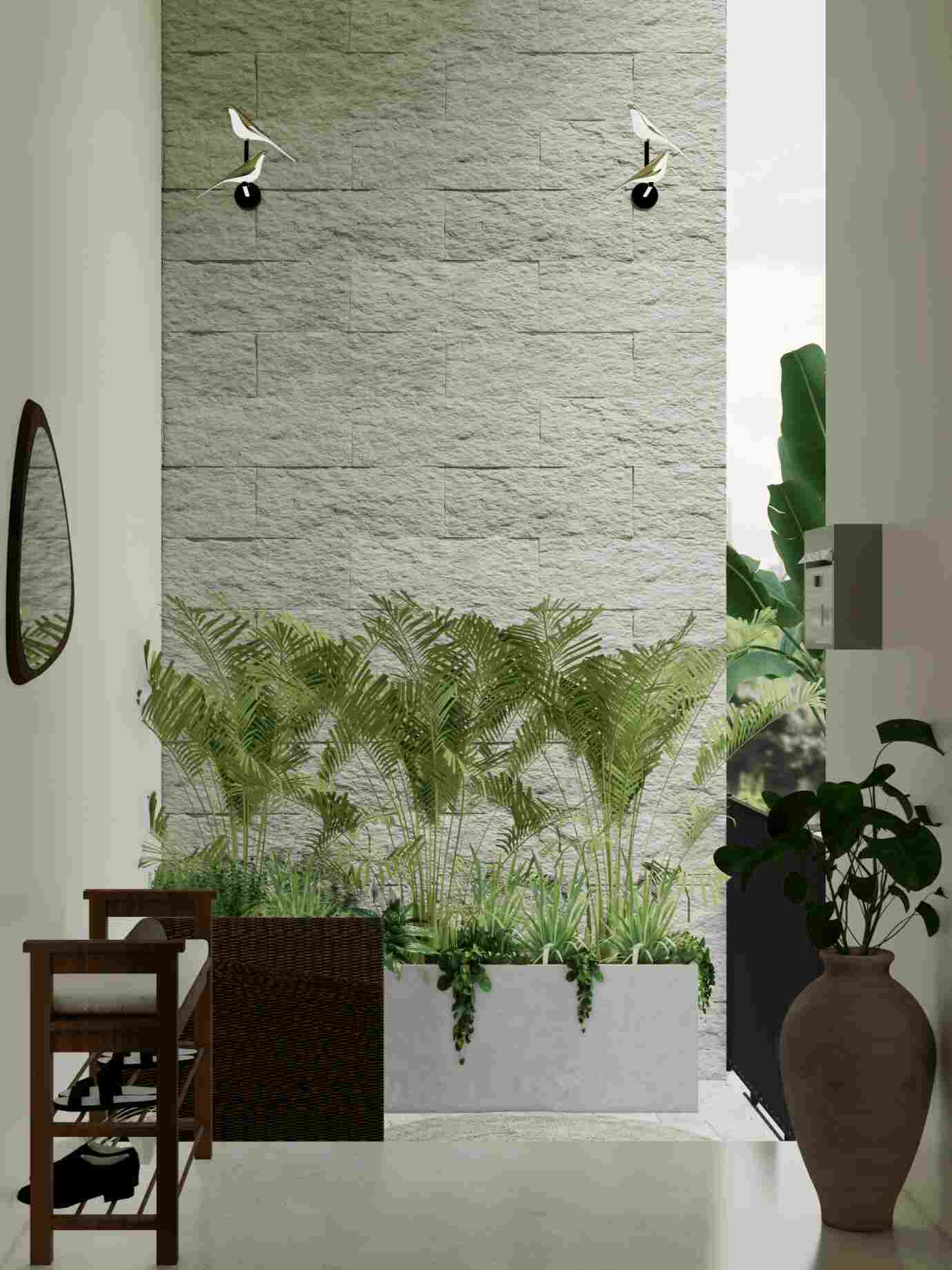 A modern interior design entryway with an open-concept space, warm natural light, and a prominent large indoor planter box