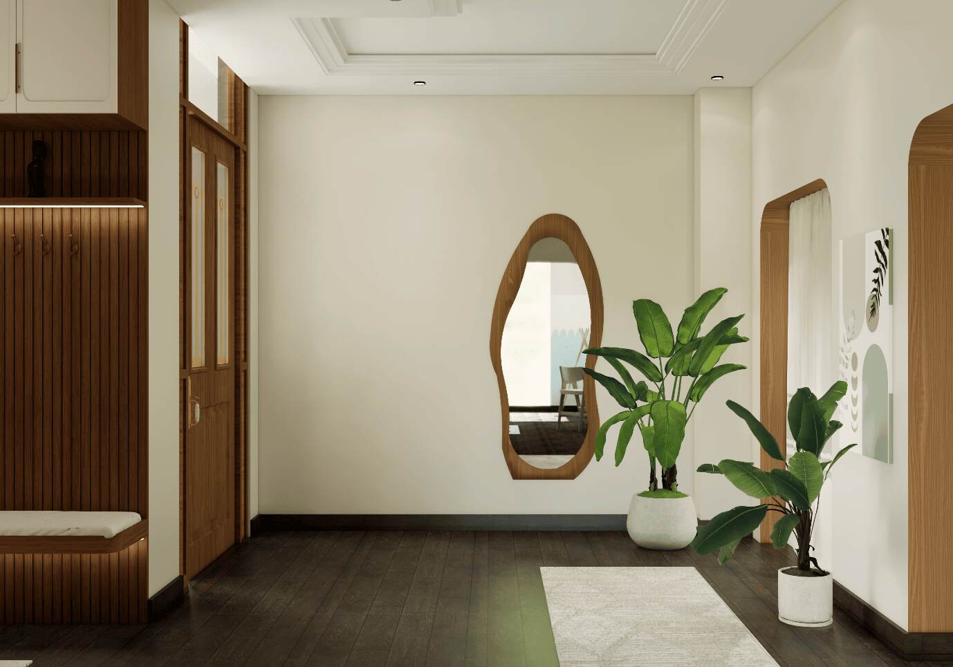 A modern minimalist entryway with a unique wooden mirror, white walls, and lush green plants.