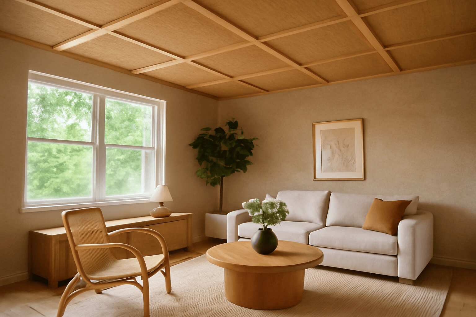 A modern, earthy living room with a woven wood ceiling, beige sofa, and potted plant