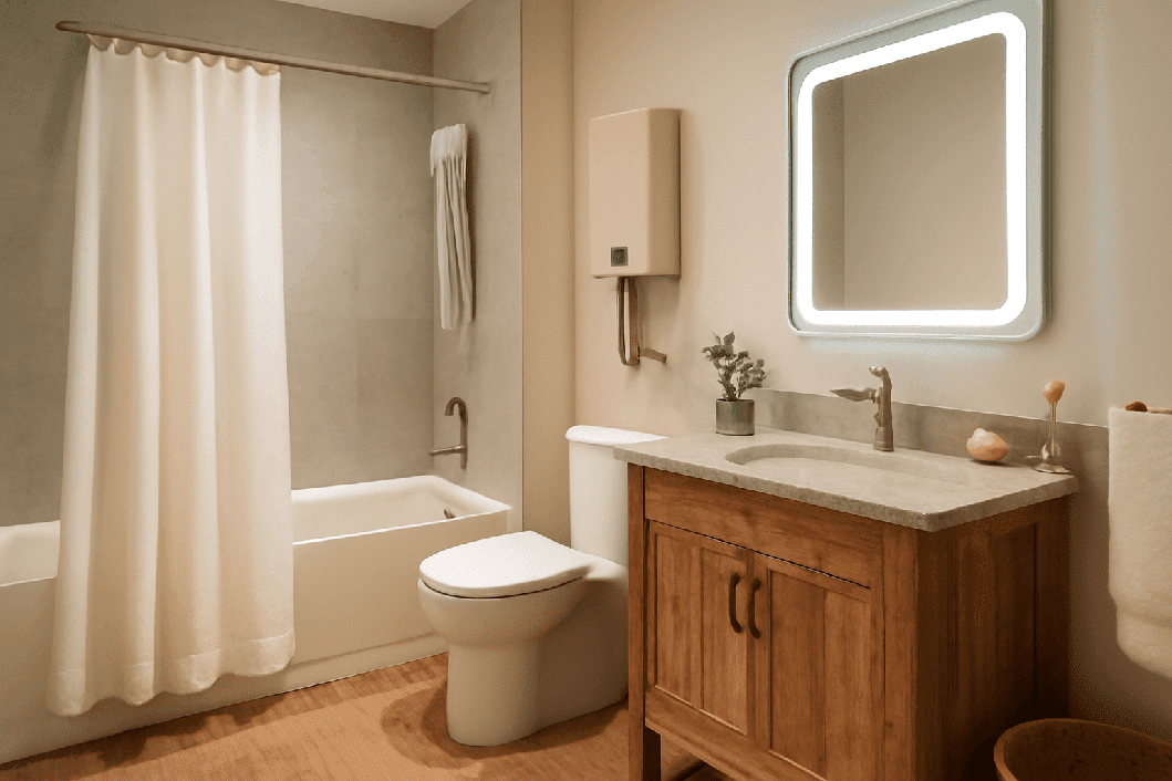 The bathroom features a modern design with sustainable materials, beige tones, and a bamboo towel bar