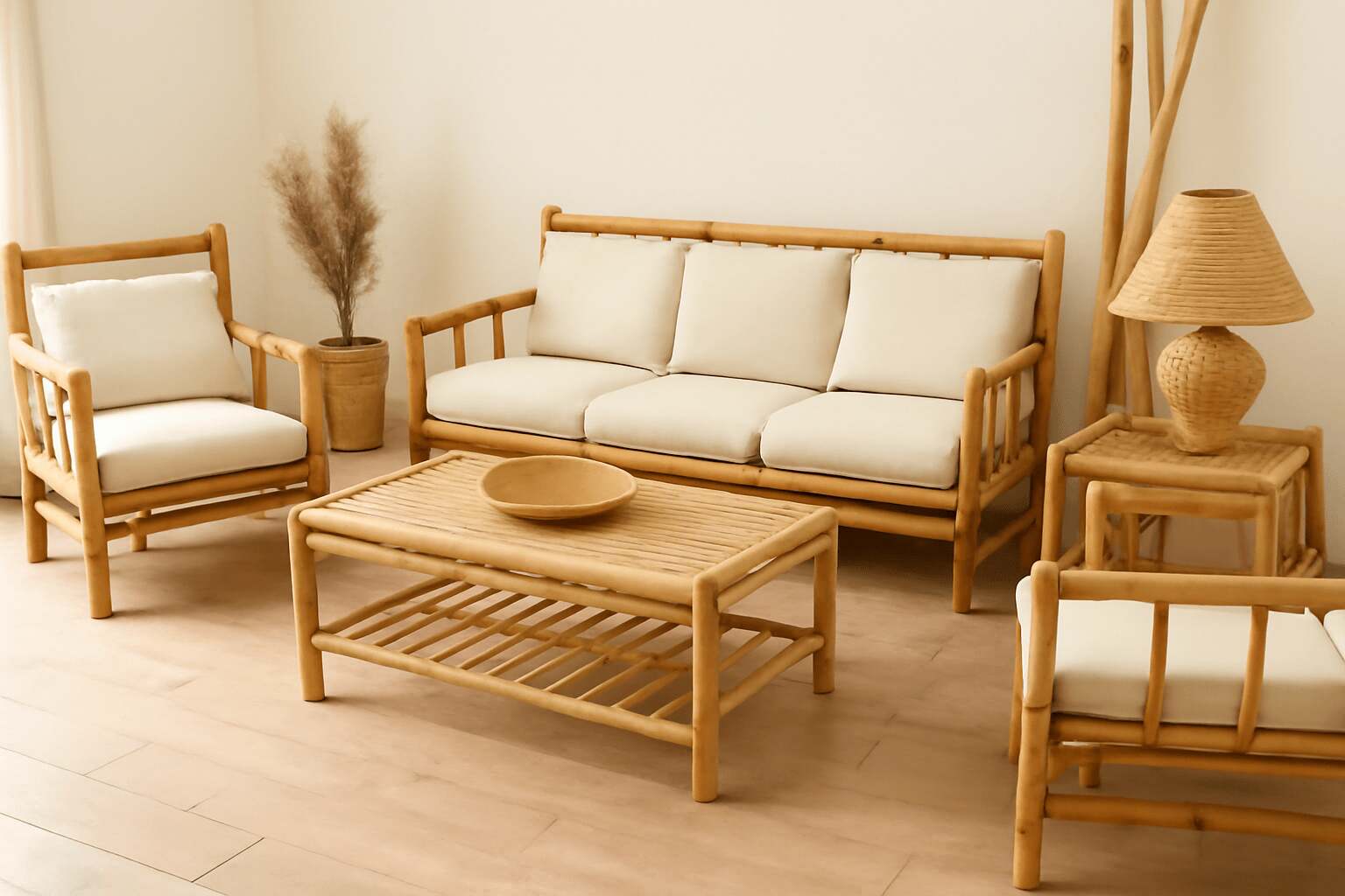The modern living room features bamboo furniture, earthy tones, and a rattan lamp highlight