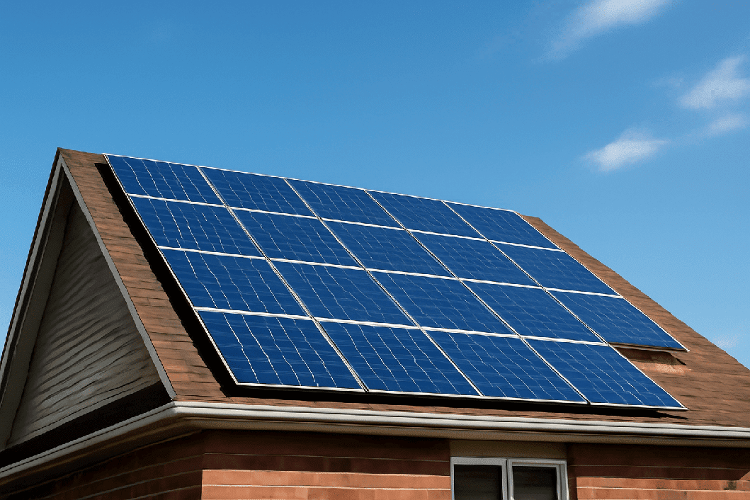 Modern minimalist design with solar panels, neutral tones, and clean lines