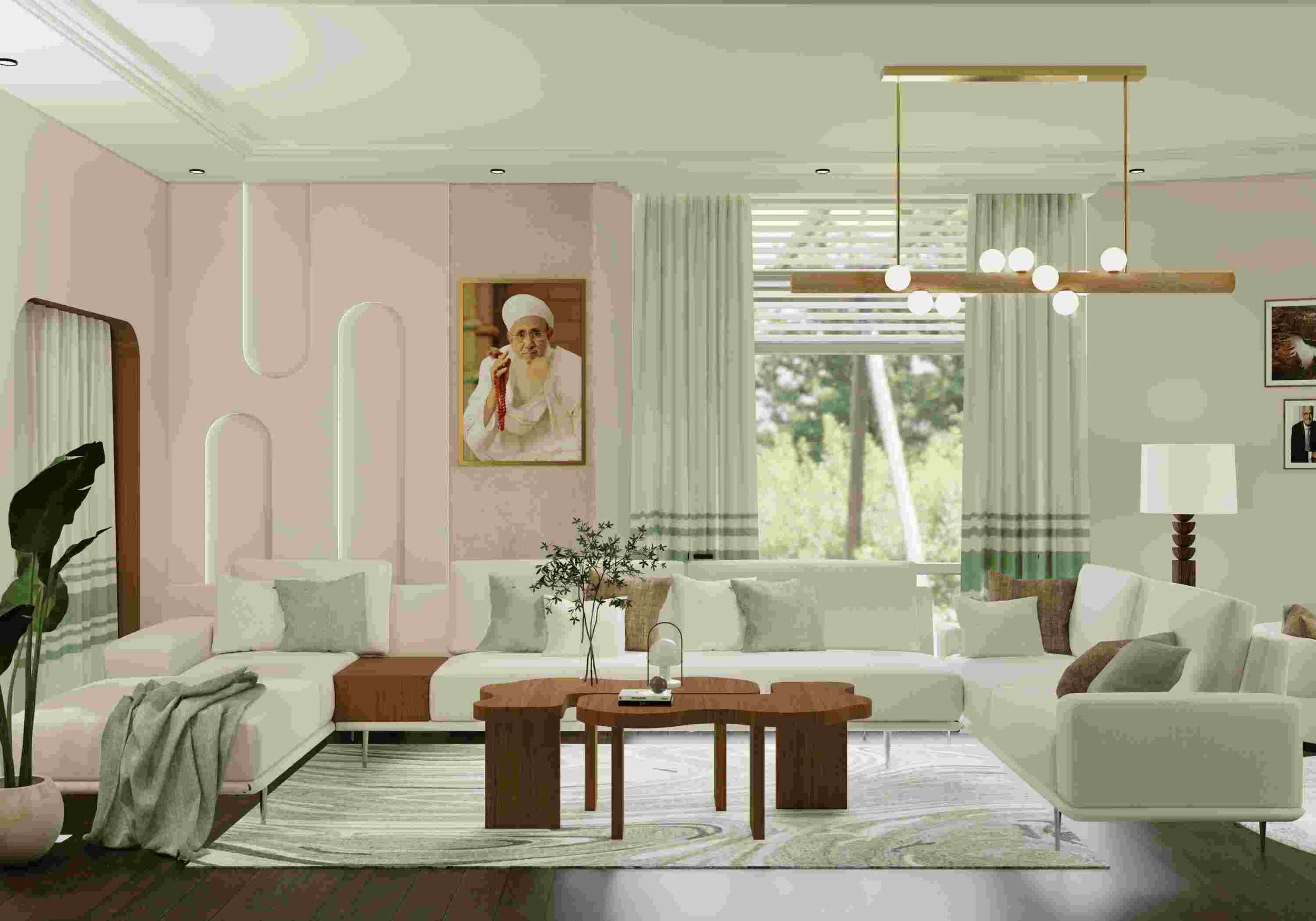 A modern light-coloured living room with white sofas, green accents, and a distinctive wooden coffee table