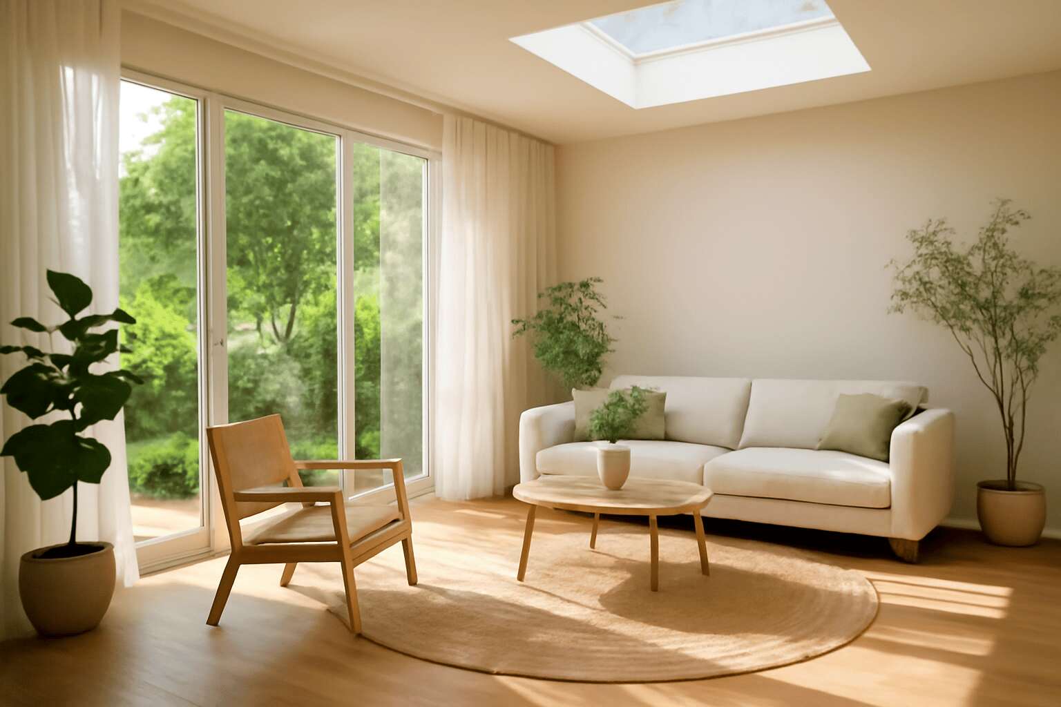 A contemporary living room with a light colour sofa, maximising natural light from large windows