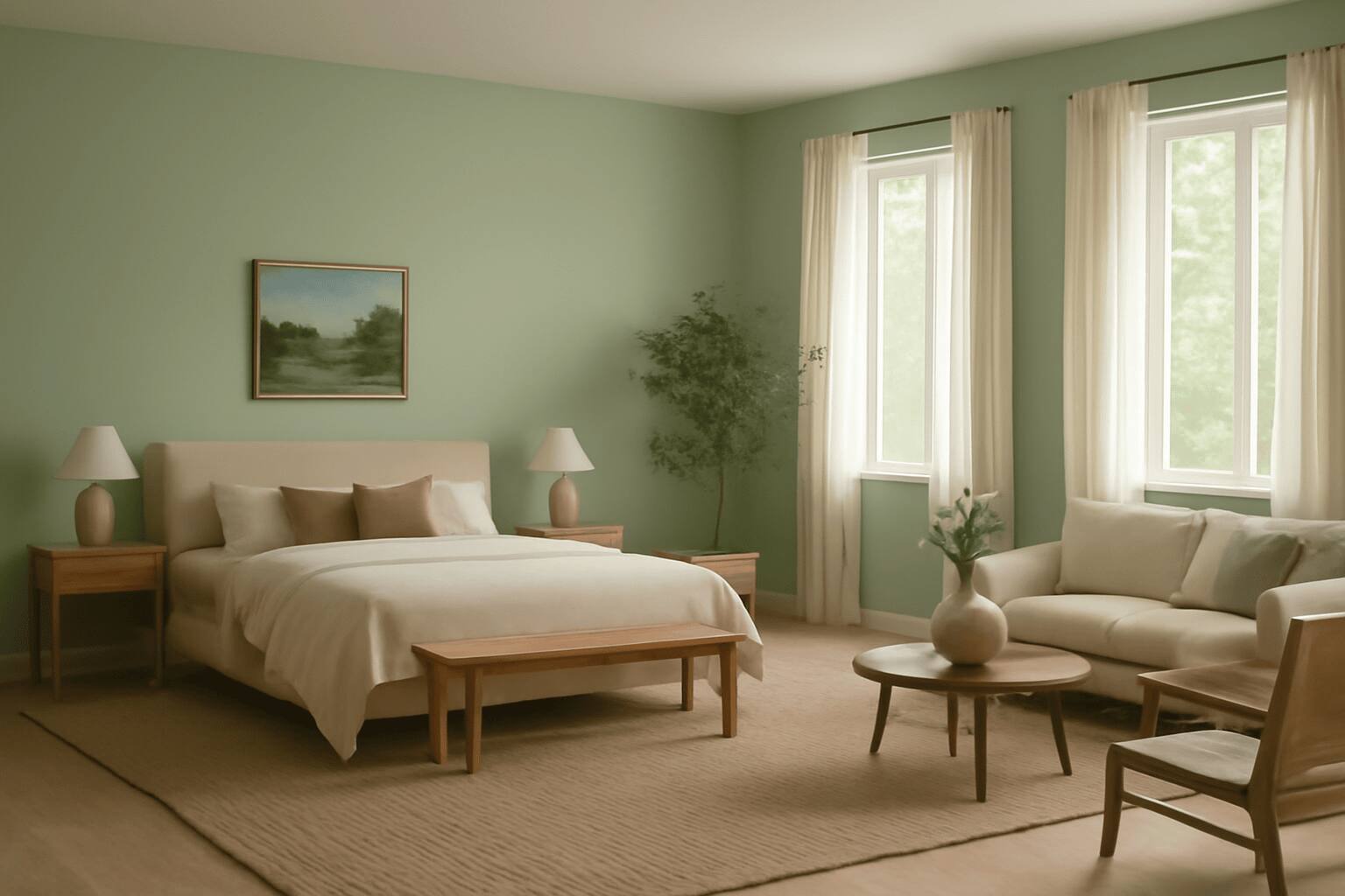 A contemporary living room with a light beige sofa, numerous green plants, and a wooden coffee table