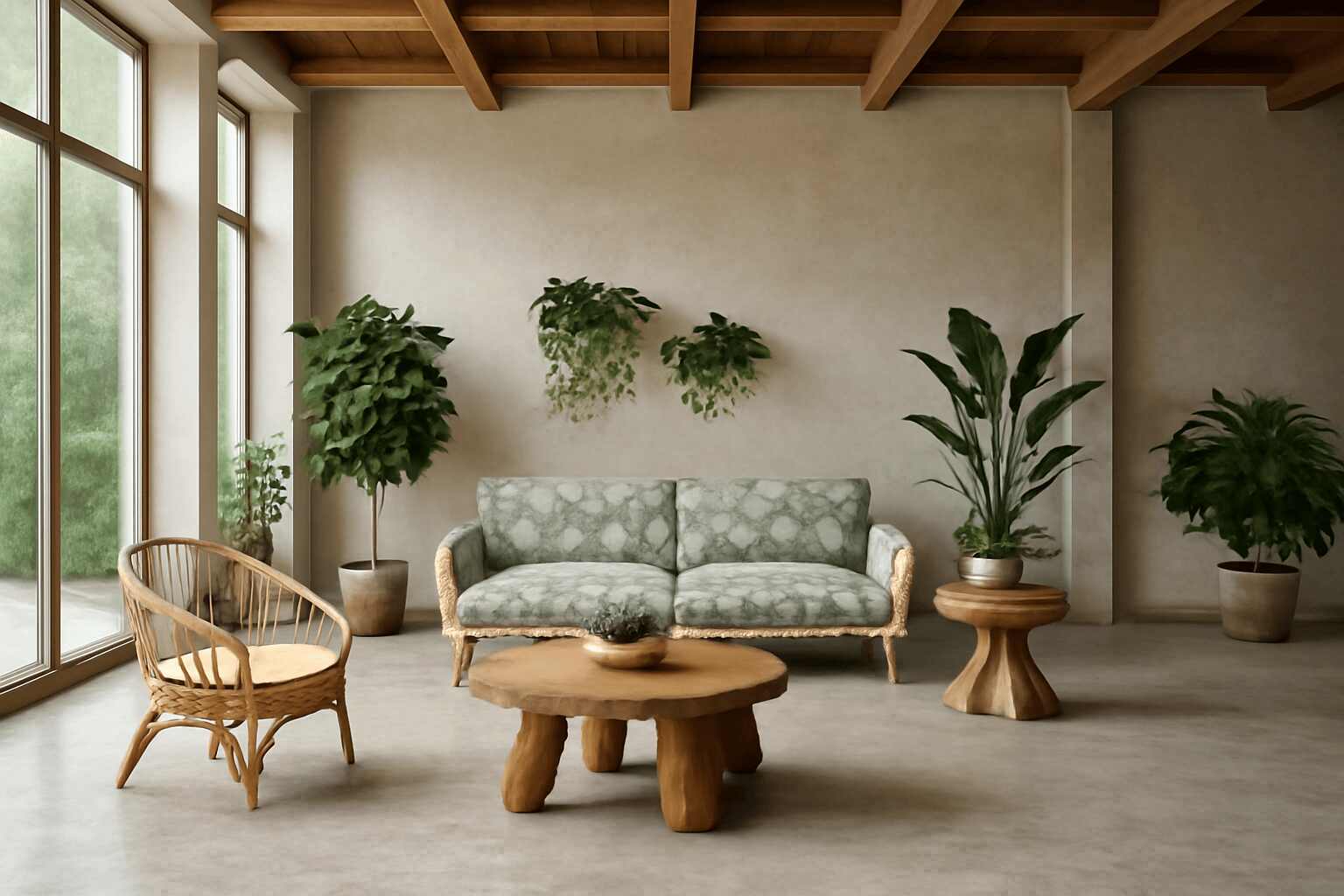 Biophilic furniture living room design with natural wood and green accents featuring a patterned sofa