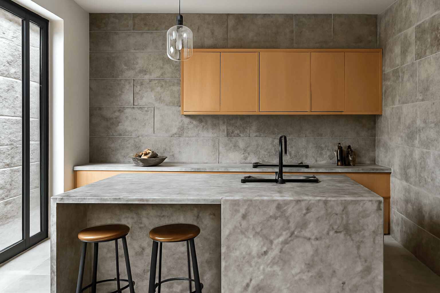 Minimalist kitchen design with grey stone and wood accents featuring a limestone benchtop