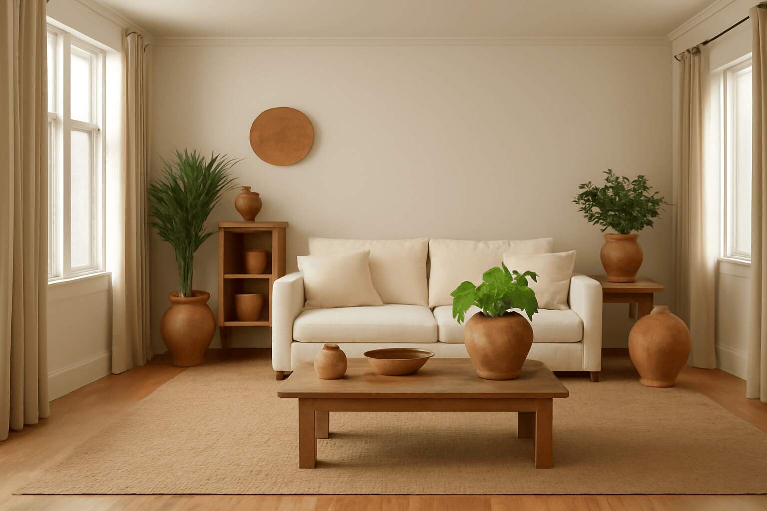 Neutral-toned living room design with plants and terracotta accents featuring a cream couch