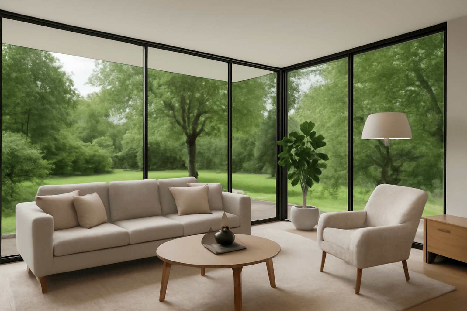 Mid-century modern living room with neutral tones and large windows featuring a tripod lamp