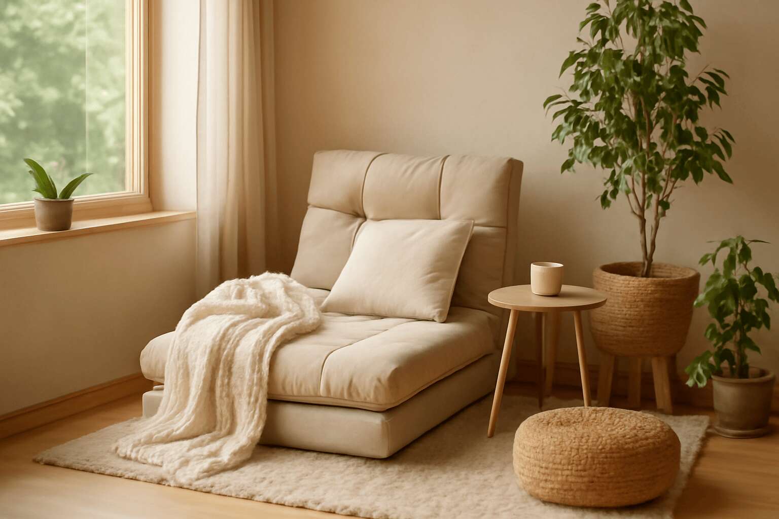 Minimalist lounge design for relaxation with neutral tones featuring a cosy floor chair.