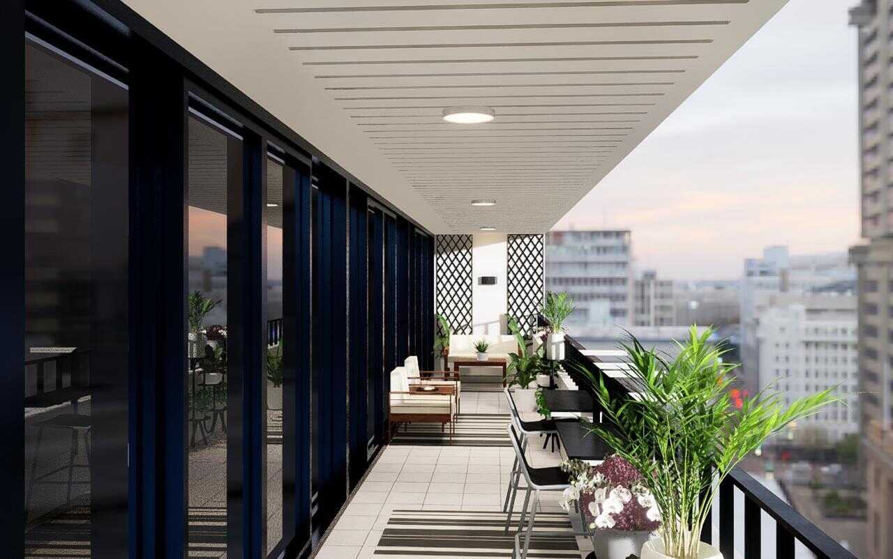 The design features a modern balcony with a sleek black and white colour scheme, complemented by green plants for a natural touch.