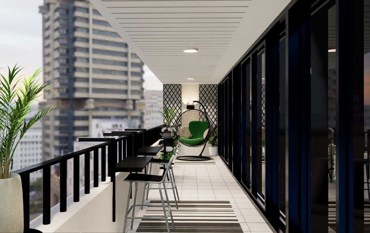 The design features sleek tiled flooring with a striped rug, adding texture and warmth to the space.