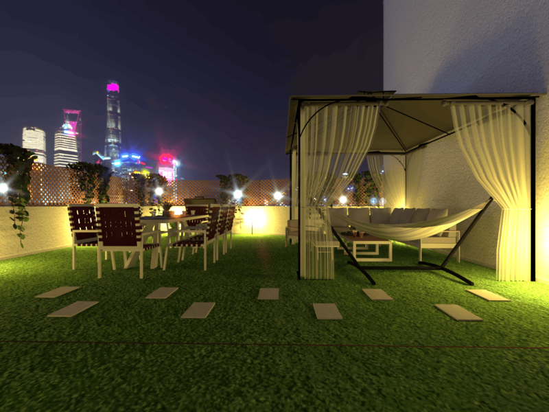 The design features ambient lighting with soft garden lights and illuminated furniture, creating a cozy nighttime atmosphere.