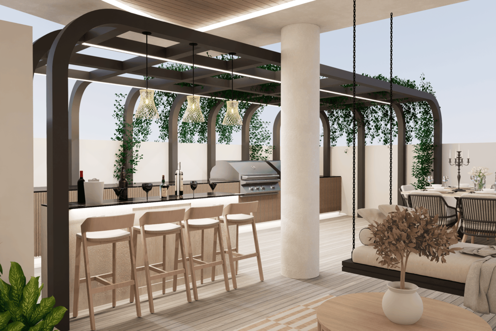 The design features personalized decor with lush plants, modern furniture, and unique lighting fixtures, adding character.