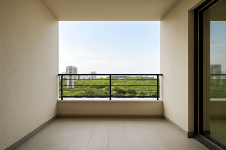This design features a minimalist balcony with neutral tones, tiled flooring, and a sleek black railing.