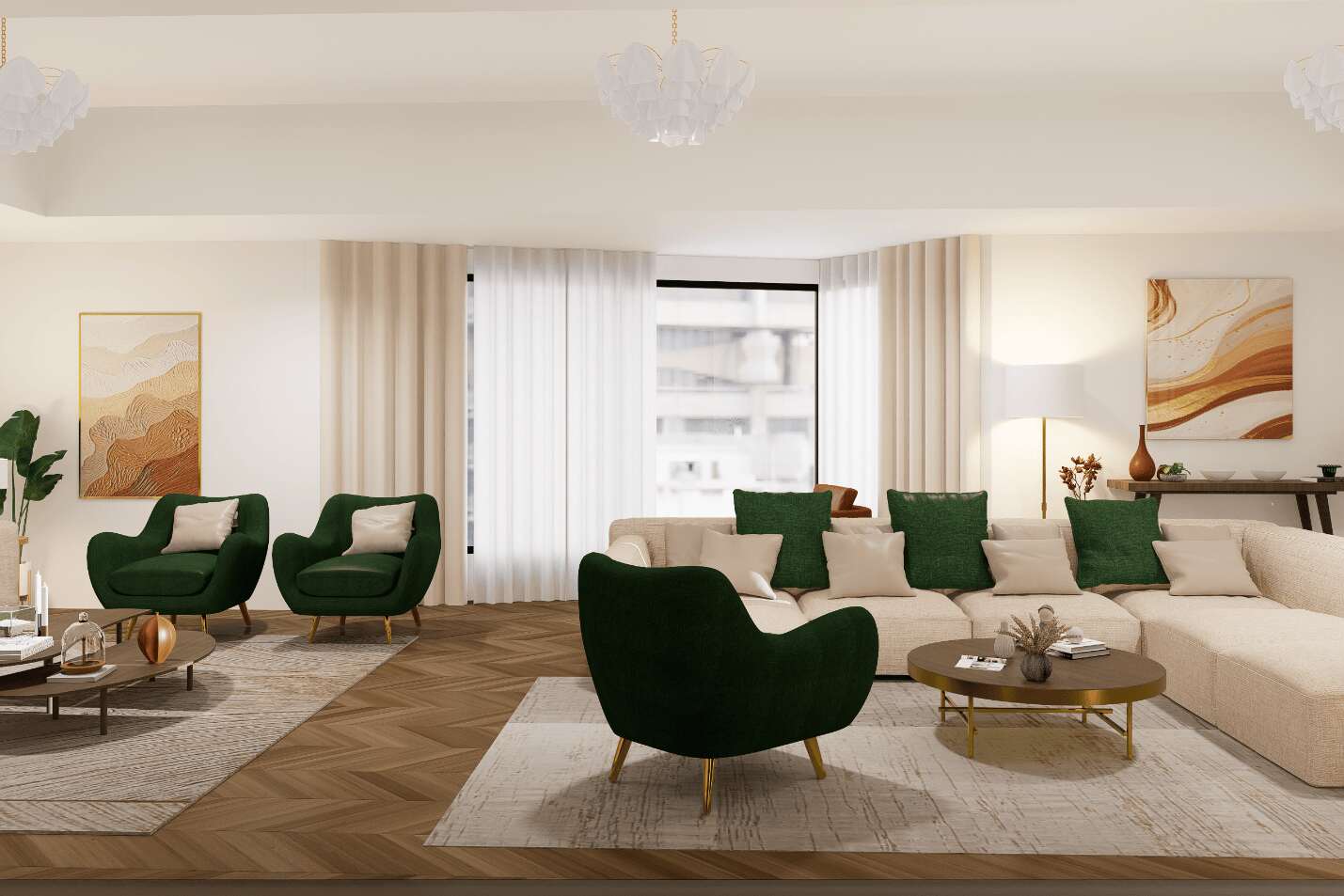 Elegant living room with a cozy beige sectional, bold green armchairs, natural wood floors, and eye-catching abstract paintings.