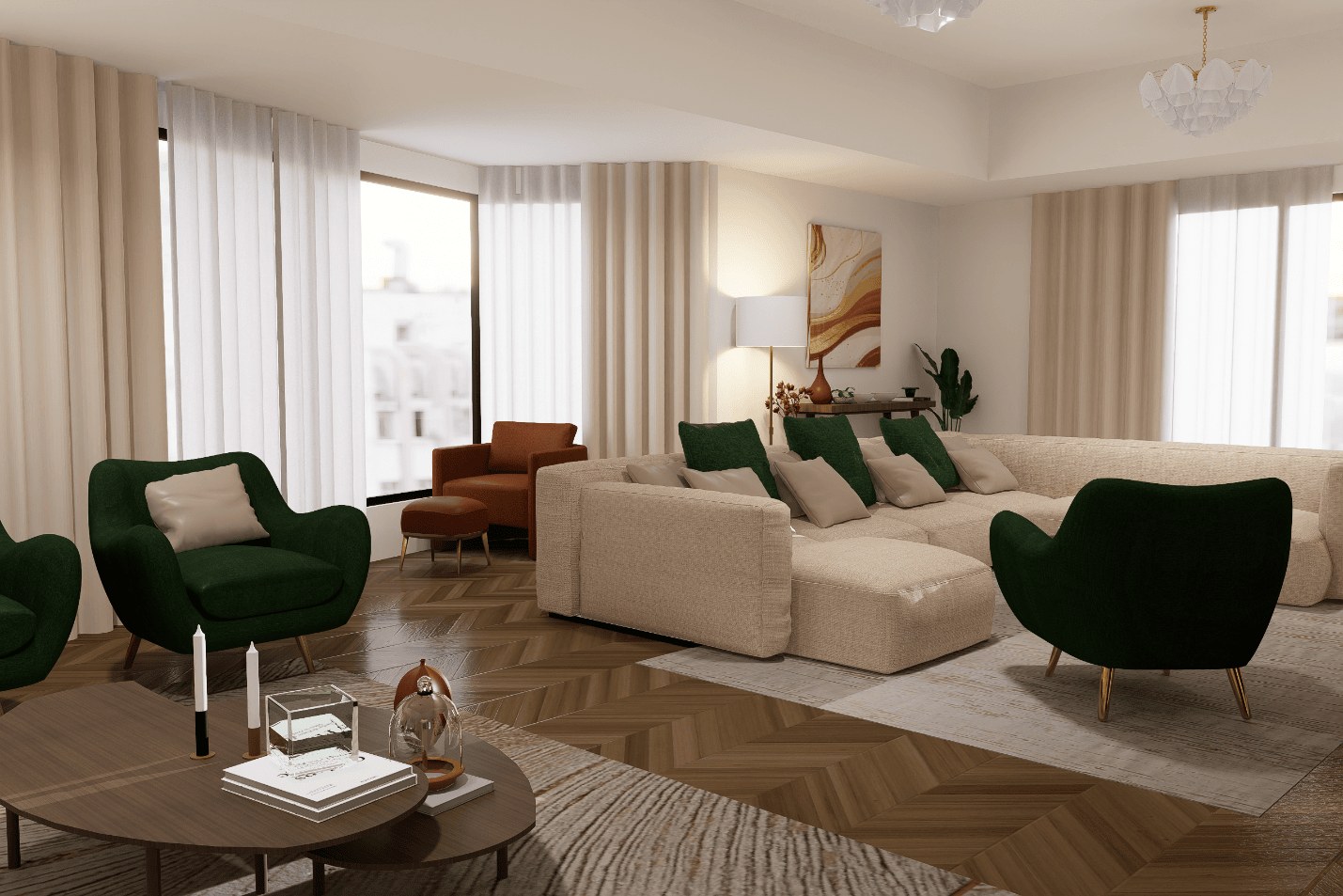 Modern living room design with beige sectional sofa, green armchairs, wood flooring, and abstract art.