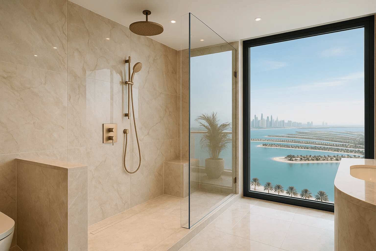 The luxurious bathroom features marble tones, a gold shower set, and a stunning ocean view.