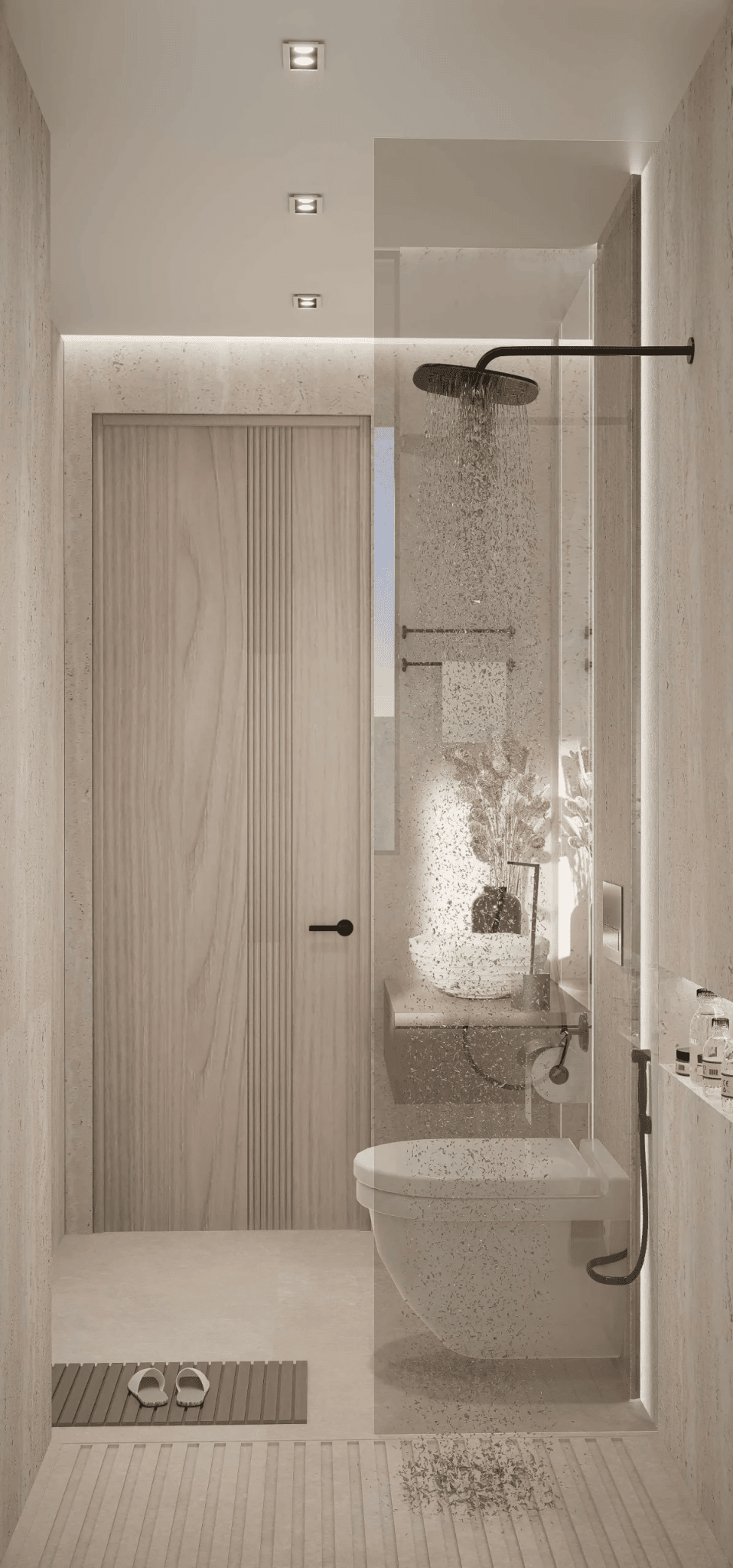 The bathroom features a minimalist design with neutral tones, highlighted by a sleek, modern showerhead.