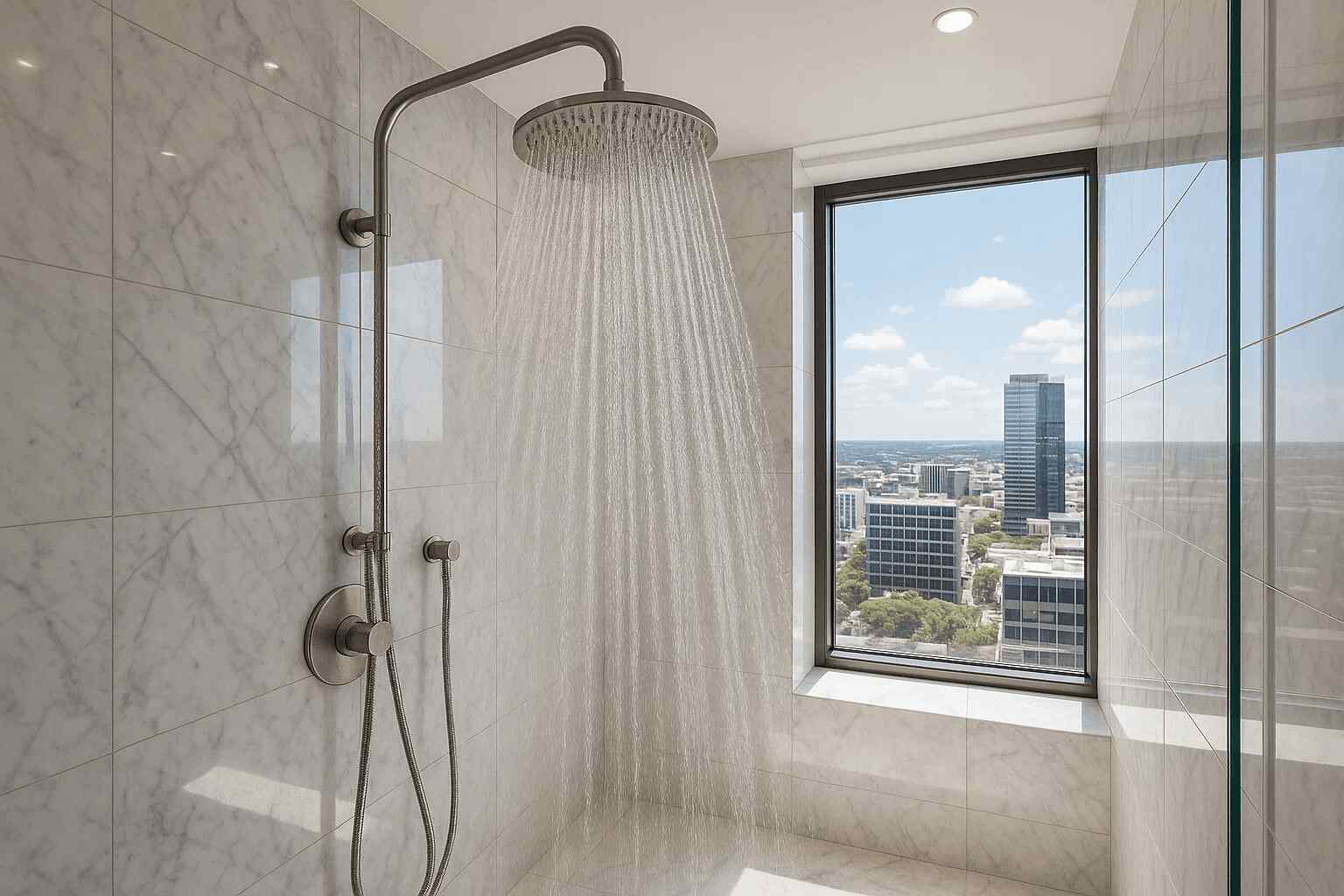 The modern shower features marble walls, a rainfall showerhead, and a breathtaking city view.