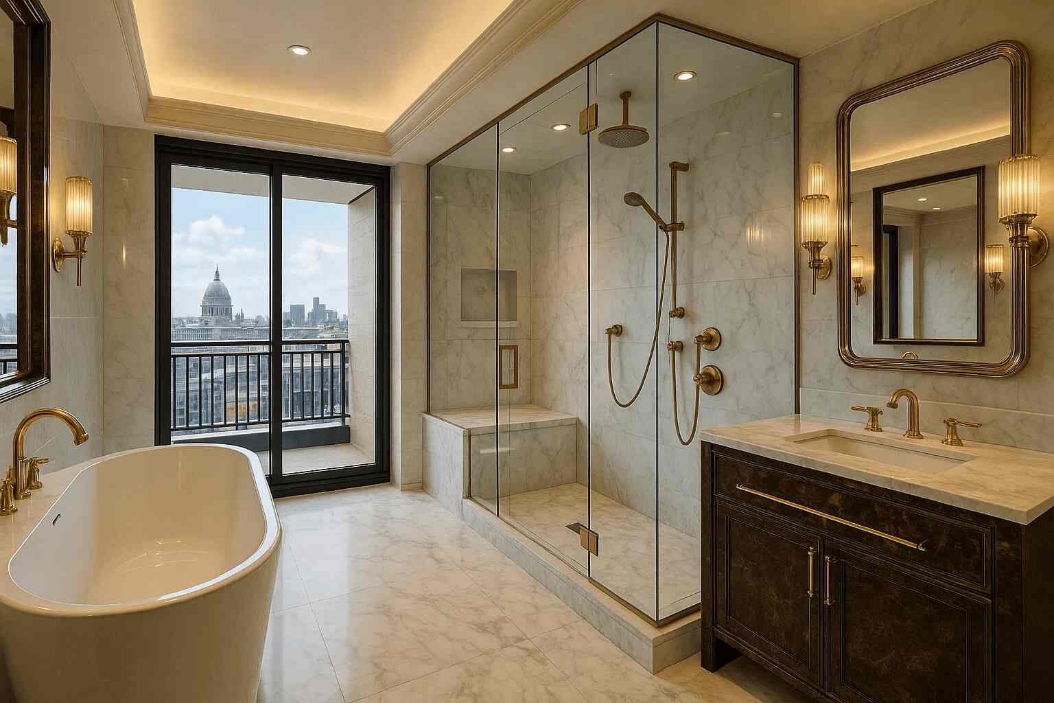 The luxurious bathroom features marble finishes, gold fixtures, a bathtub, and stunning city views.