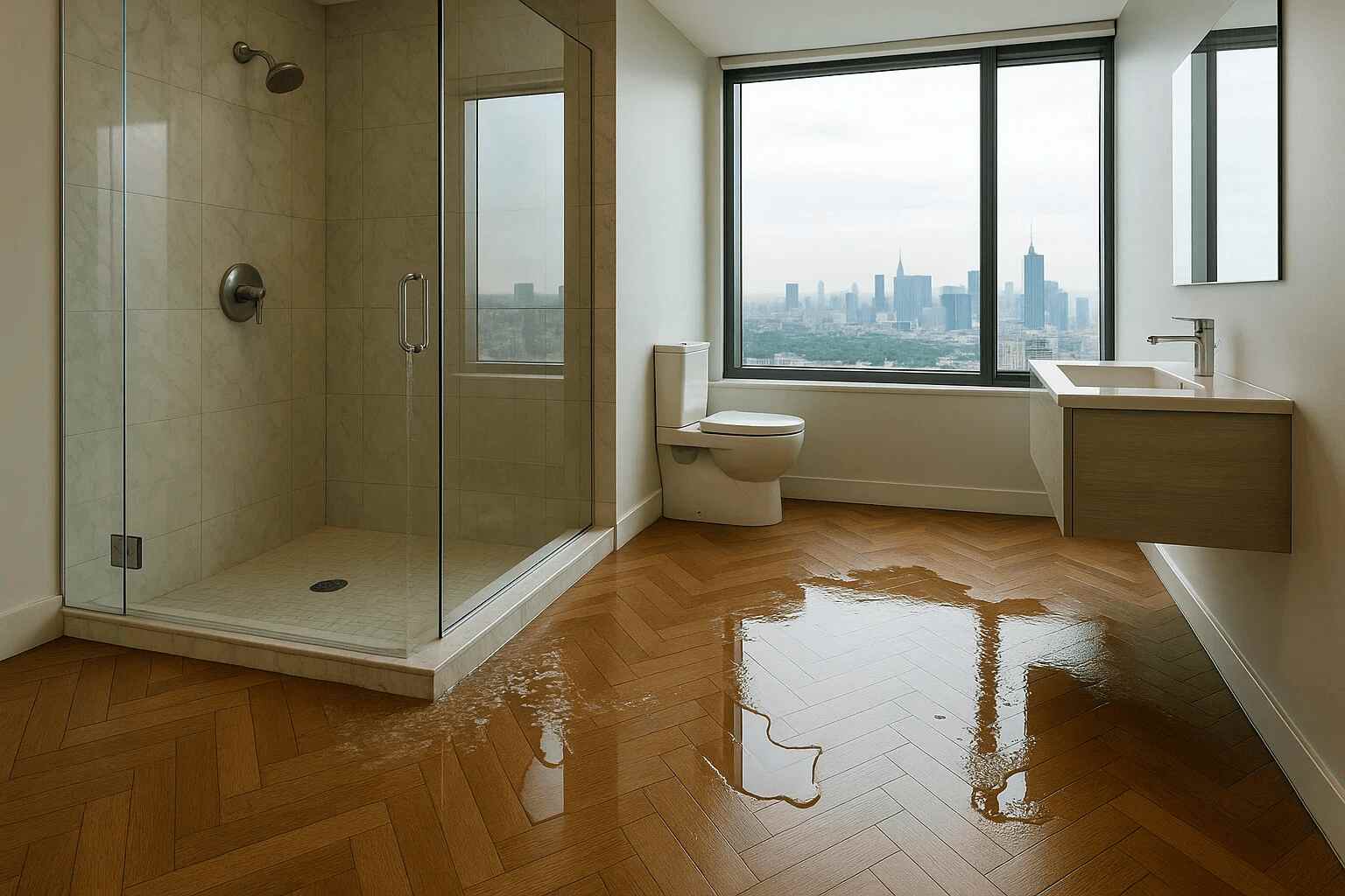 Water from the shower leaking onto stylish wooden floors, creating a mess and damage risk.
