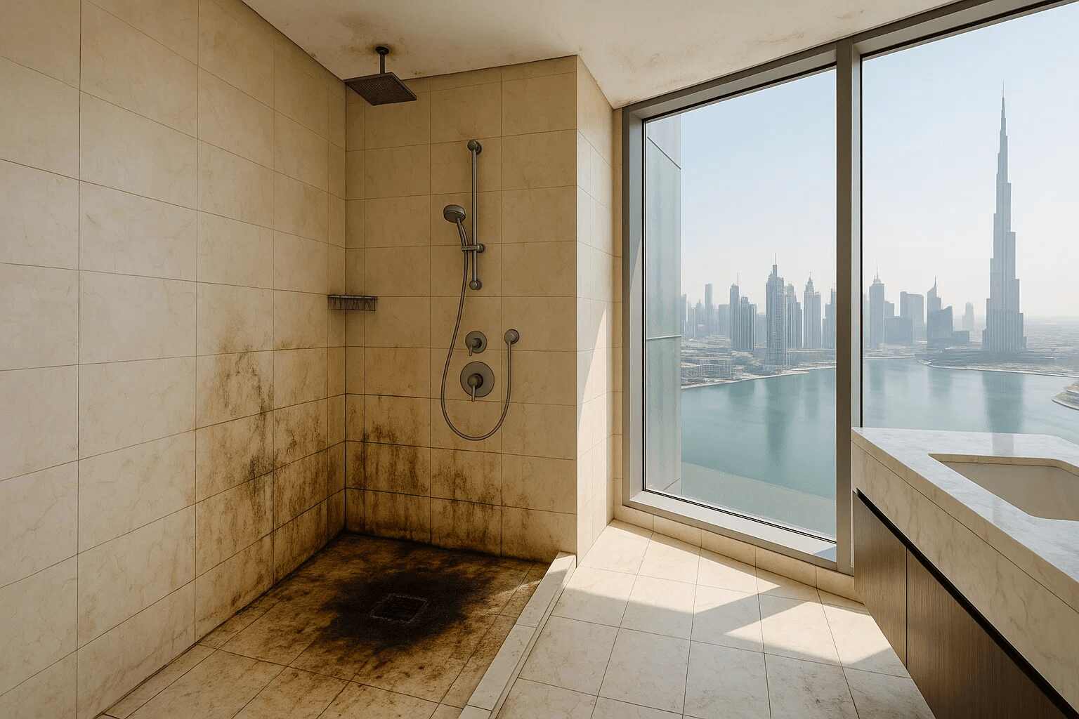 The shower shows dirtiness with mold, grime stains on tiles and floor, indicating poor maintenance.