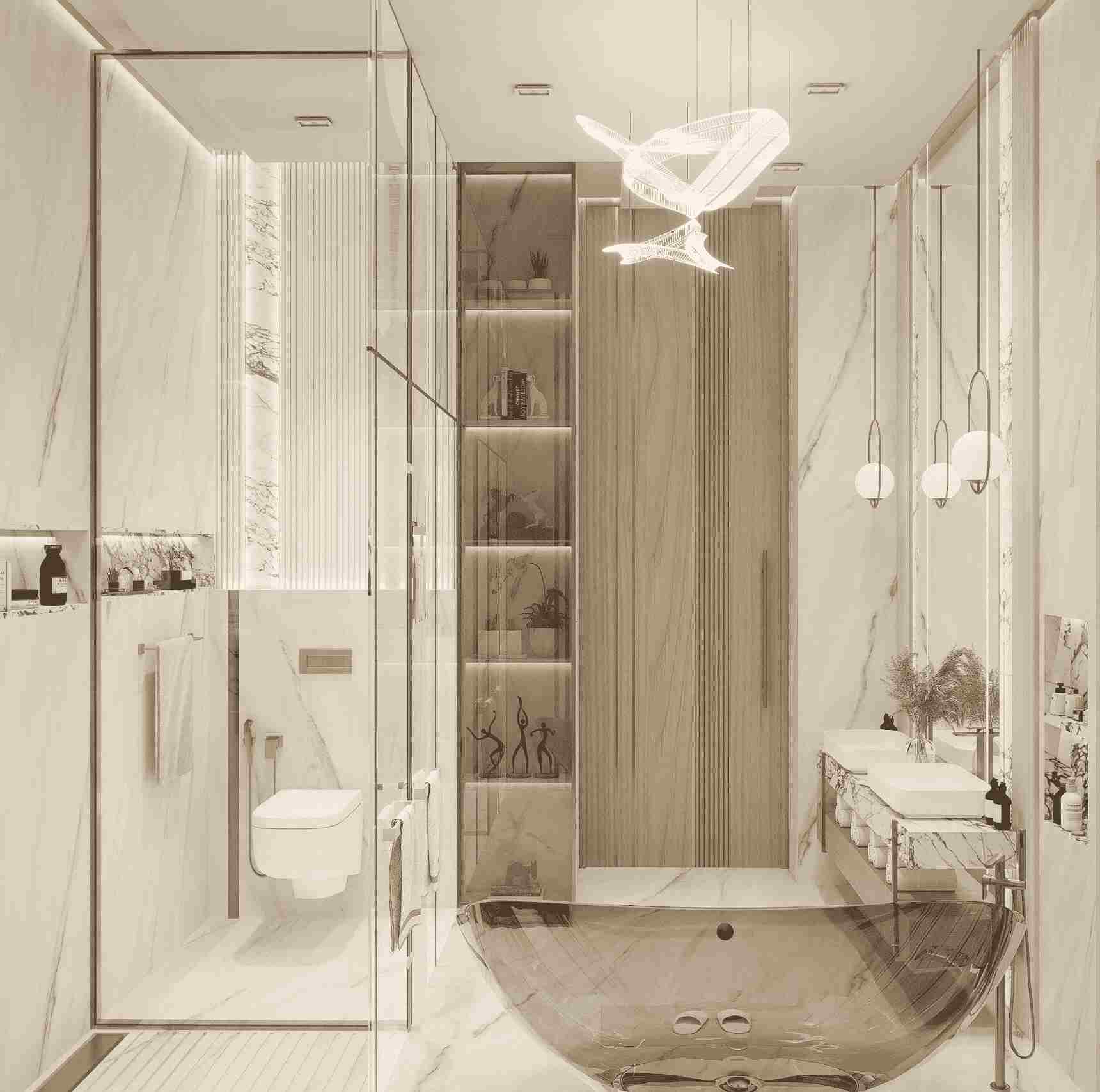 The modern bathroom features marble finishes, a glass bathtub, minimalist shelves, and an artistic light fixture.