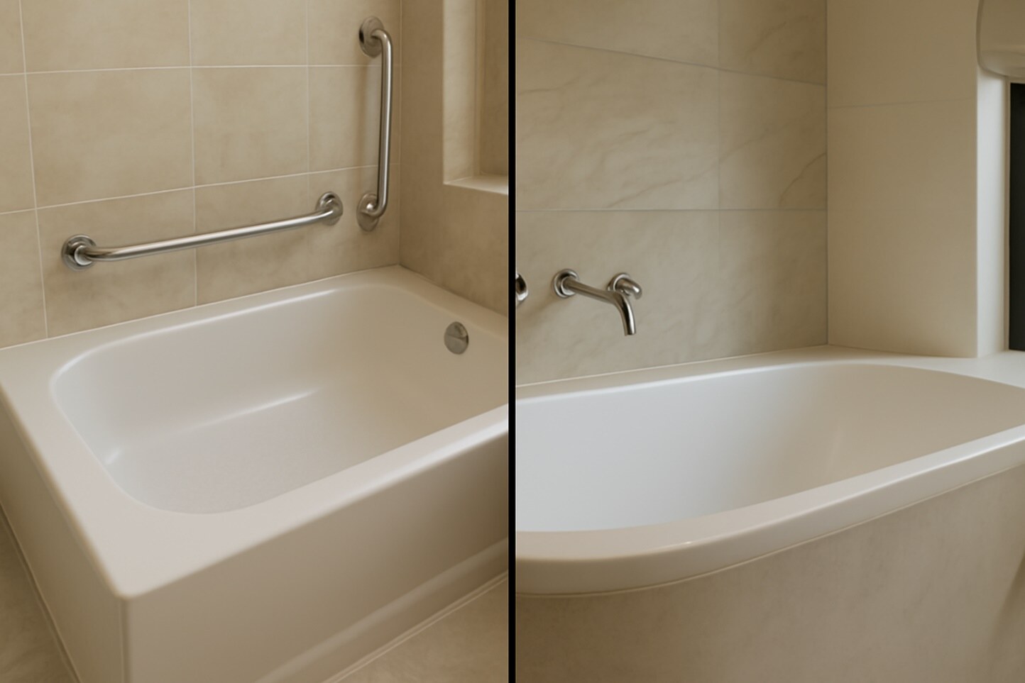 Affordable, basic tubs on the left; luxurious, high-cost models with grab bars on the right.