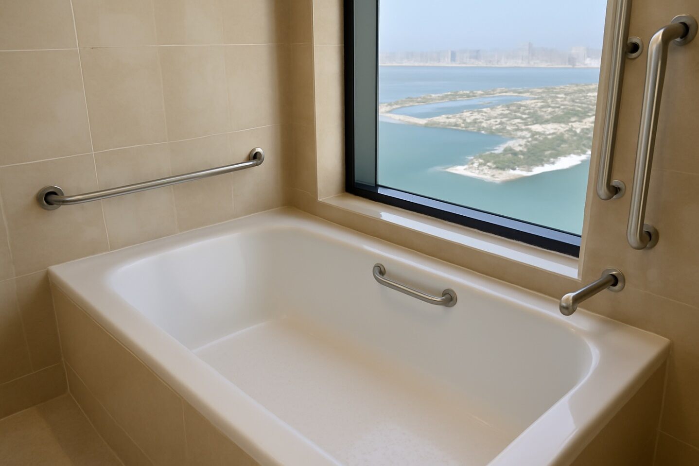 A safe, slip-resistant acrylic bathtub with grab bars and a stunning view for added security.