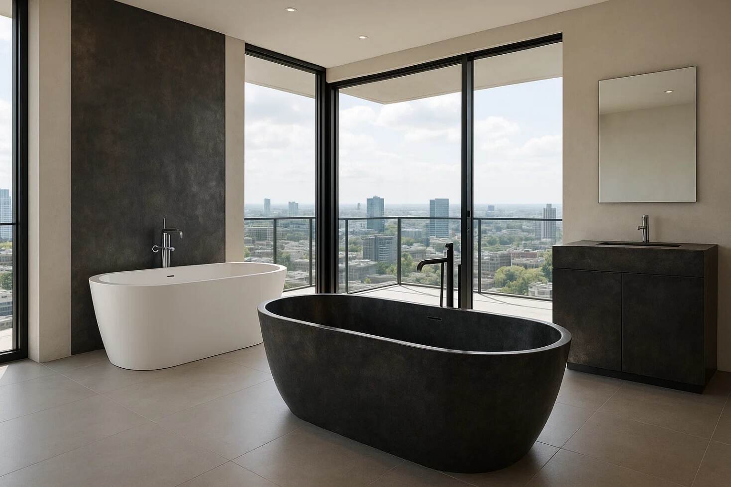 Two modern, sleek freestanding bathtubs, one black and one white, with city views.