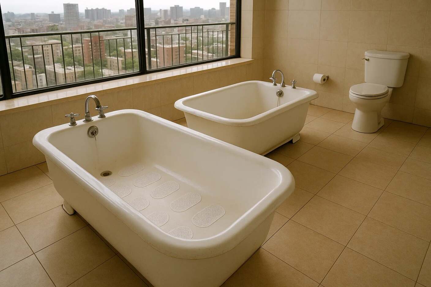 Two white porcelain bathtubs with smooth surfaces, posing slipping hazards, especially for vulnerable individuals.